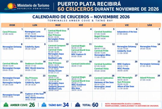 Puerto Plata recibirá 60 cruceros durante noviembre de 2026, consolidándose como uno de los principales destinos de cruceros del Caribe